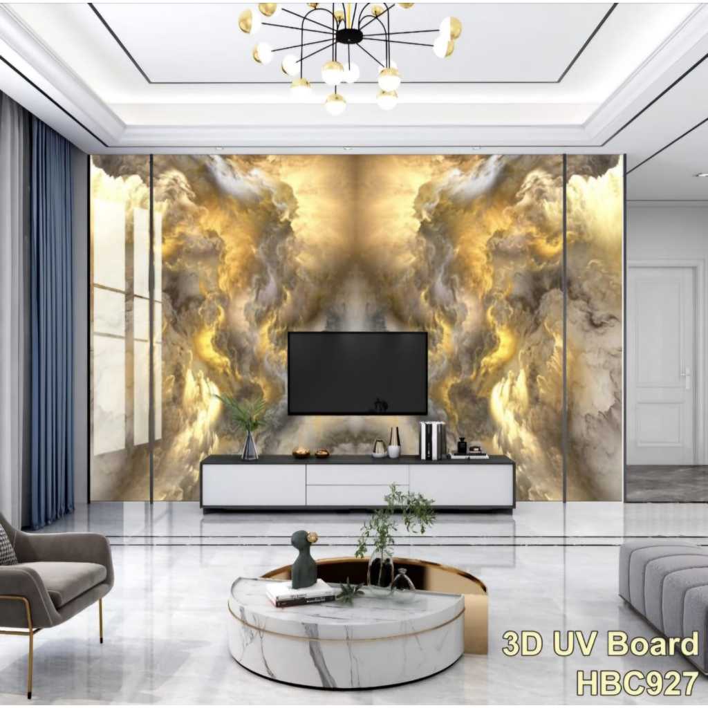 Panel Dinding UV Marmer 3D Motif Mewah – Wallboard Interior Ruang Tamu & TV Background