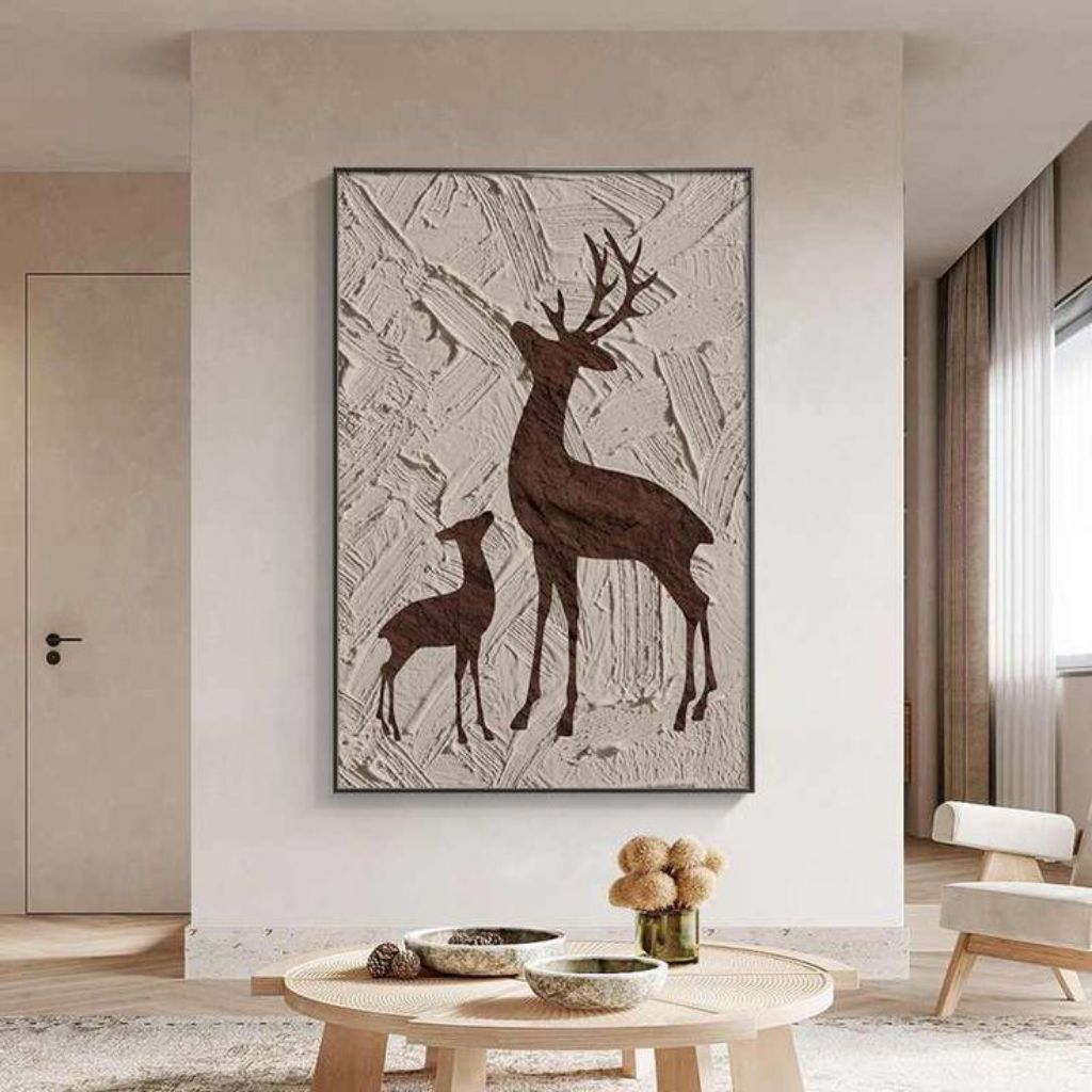 hiasan dinding rumah lukisan abstrak rusa tekstur timbul aesthetic minimalis modern