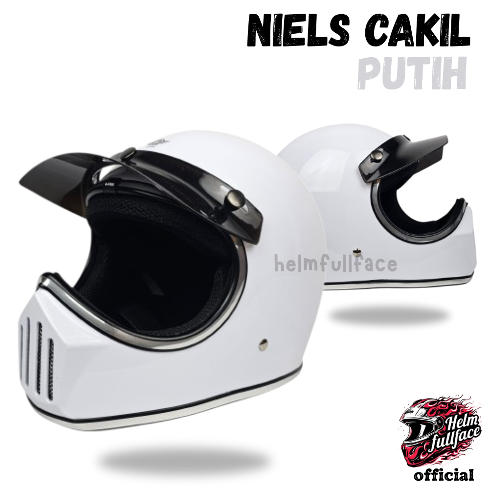 NIELS Cakil Putih Helm Full Face Retro List Chrome Free Pet SNI Motorcycle