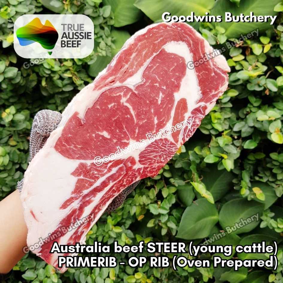 

Beef PRIMERIB OP RIB (Oven Prepared) 1.5kg 1 rib Australia STEER (young cattle) KILCOY BLUE DIAMOND aged frozen Prime Rib