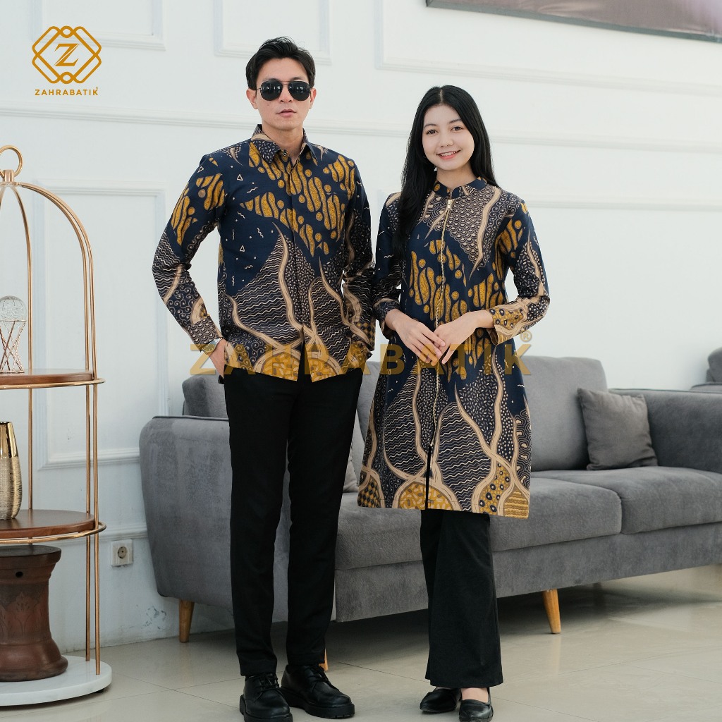 Batik Zahra-Batik Pria-Tunik Wanita-Batik Pasangan-Motif Rumeksa Warna Navy Kombinasi Kuning