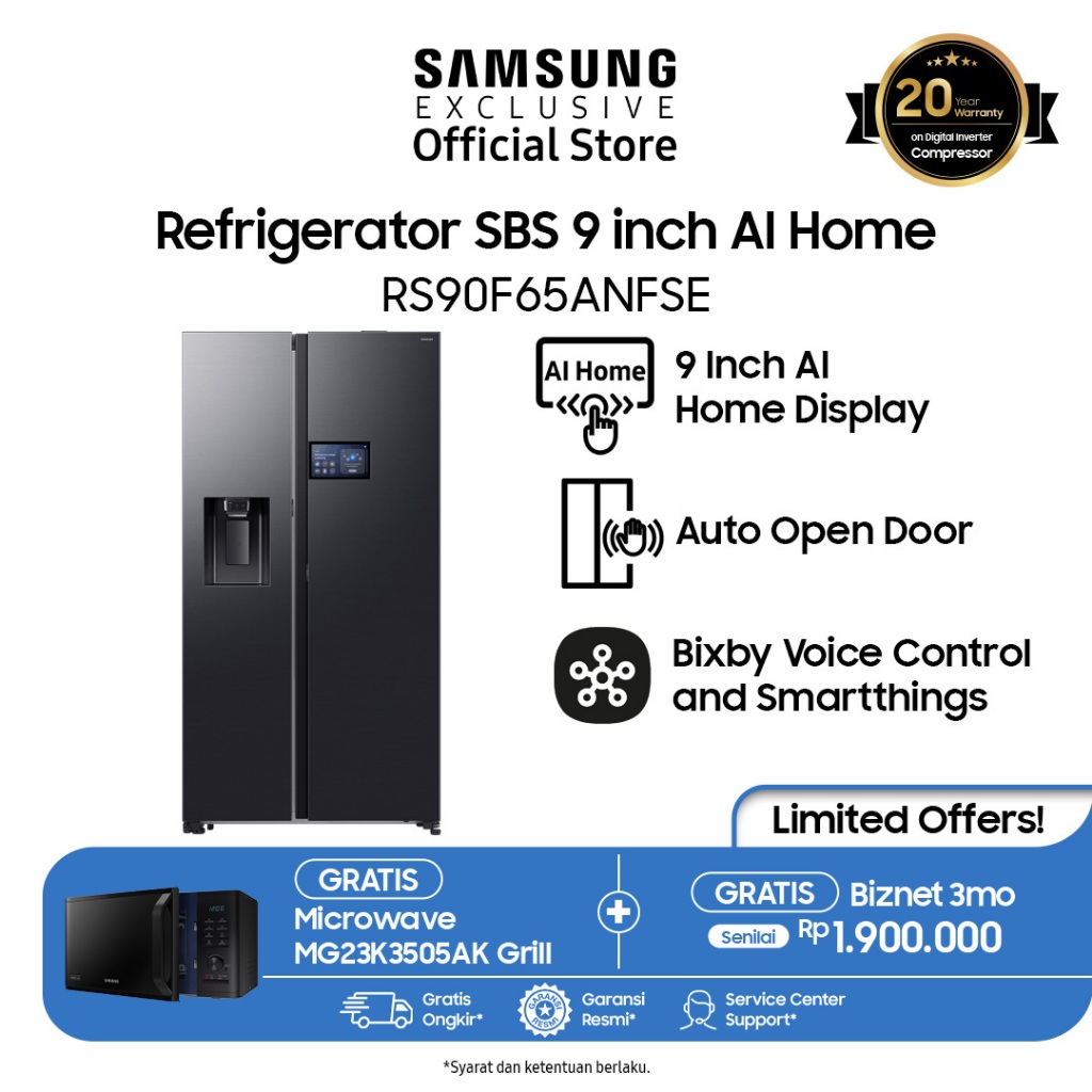 Samsung Kulkas Pintar BESPOKE AI Home 641L Side by Side I RS90F65DNFSE