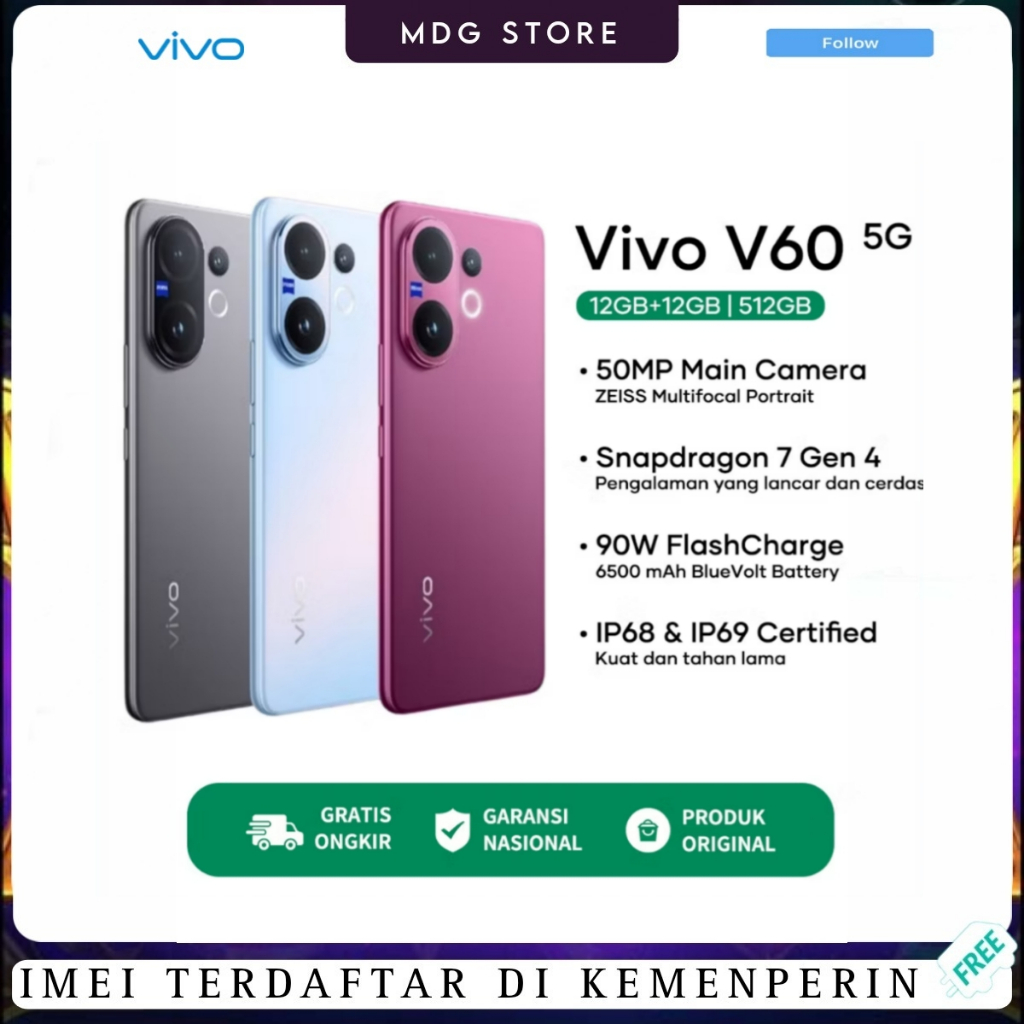 Vivo V60 5G Terbaru 2025 RAM 8/12GB ROM 256/512GB – Kamera 64MP Jernih Baterai 6500mAh