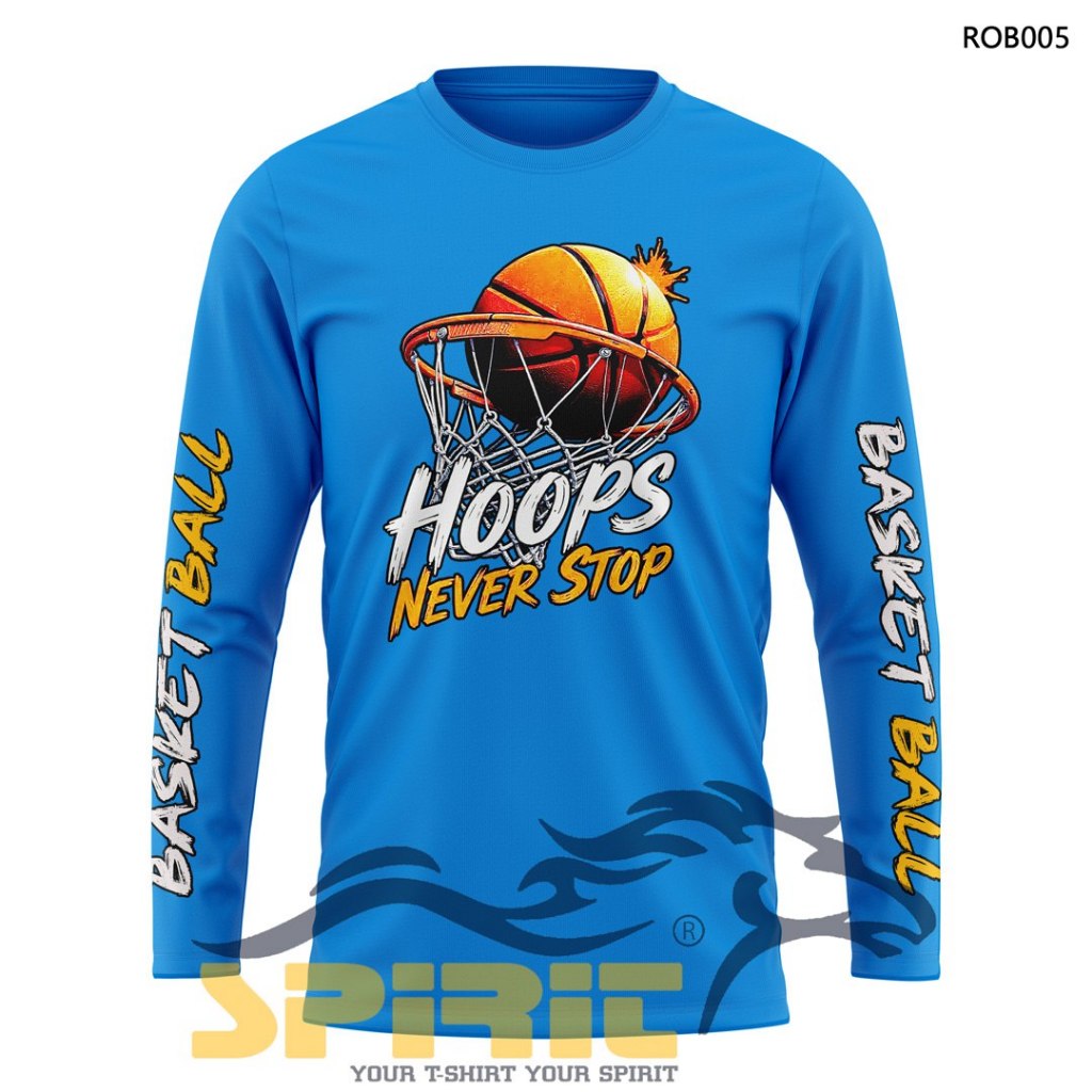 Kaos Basket Ball Hoops Never Stop Baju olahraga Basket Distro lengan panjang pria wanita