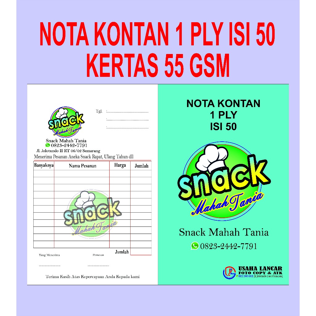 

NOTA CUSTOM 1 PLY/ 2 PLY/ 3 PLY NAMA SENDIRI UKURAN 1/4 FOLIO USAHA LANCAR