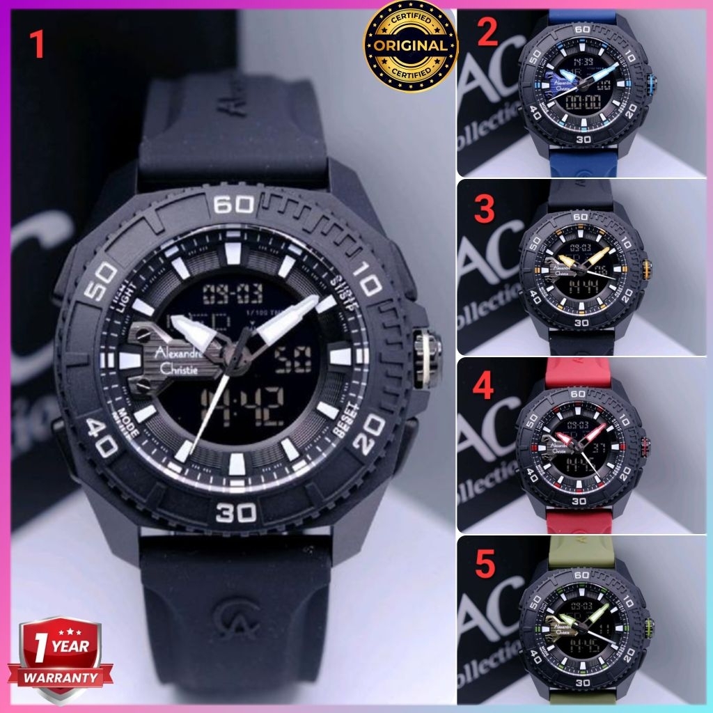 ORIGINAL GARANSI RESMI 1 TAHUN JAM TANGAN PRIA ALEXANDRE CHRISTIE COWOK DIGITAL ANALOG RUBBER STRAP 