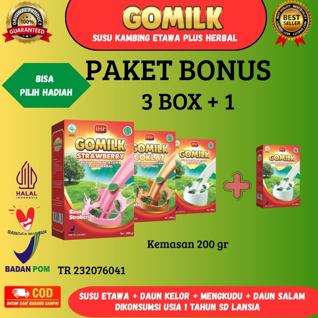 

[ bisa pilih hadiah ] PAKET 4 Box GOMILK Susu Kambing Etawa Plus Herbal 200gr