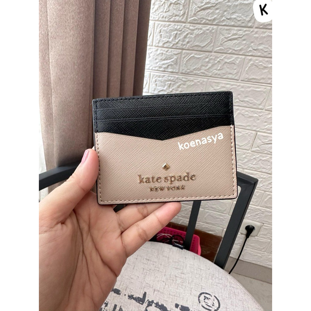 

ks kat* spade original staci Small Slim id Card case Holder warmbeige black new