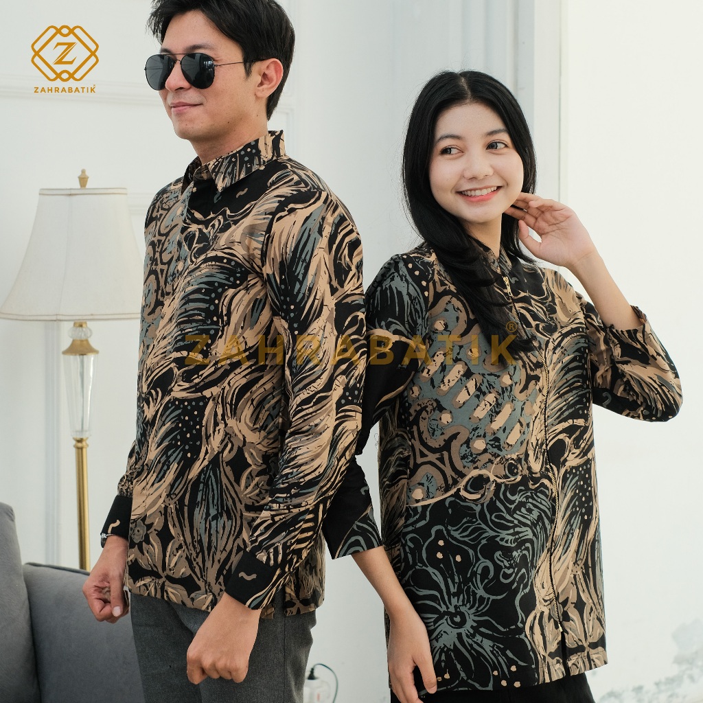 Batik Zahra-Batik Pria Lengan Panjang-Tunik Wanita-Batik Pasangan-Motif Abstrak Daun Warna Hitam Min