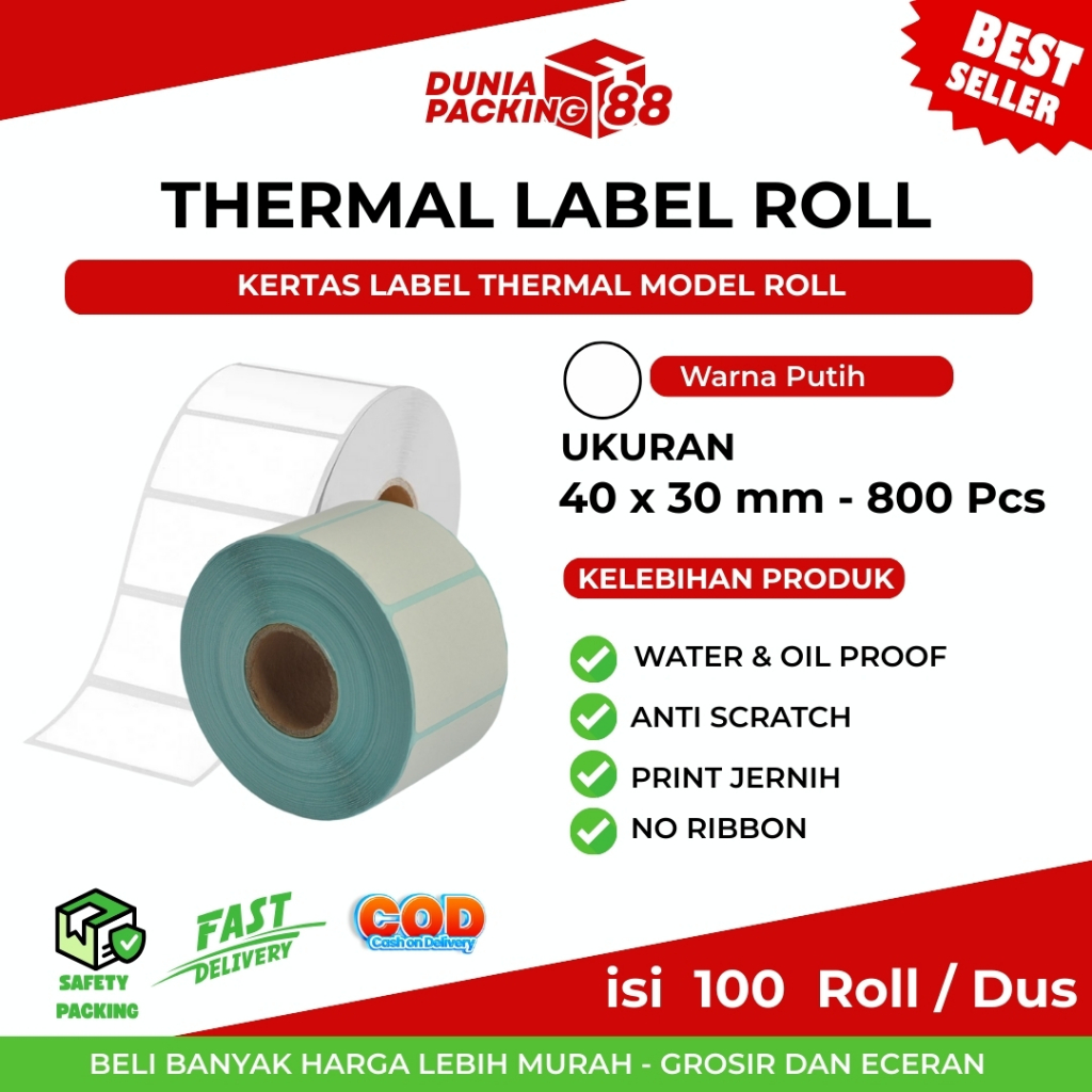 

Label Thermal 40x30 Kertas Sticker Barcode 40x30 mm Isi 800 Pcs [Dunia Packing88}
