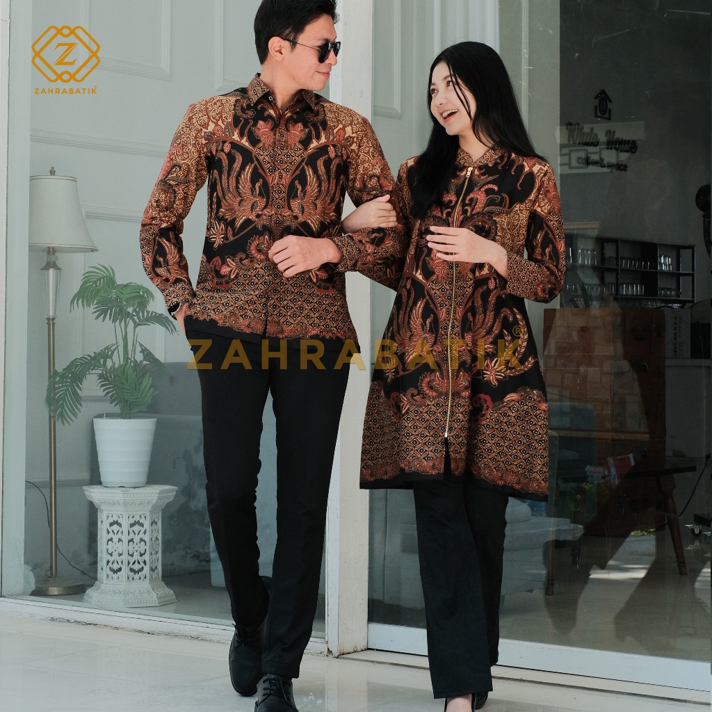 Batik Zahra-Batik Pria Lengan Panjang-Tunik Wanita-Batik Pasangan-Motif Antasena Warna Hitam kombina