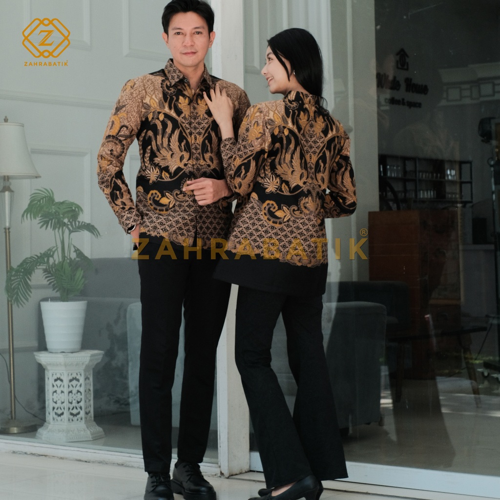 Batik Zahra-Batik Pria Lengan Panjang-Tunik Wanita-Batik Pasangan-Motif Antasena Warna Hitam kombina