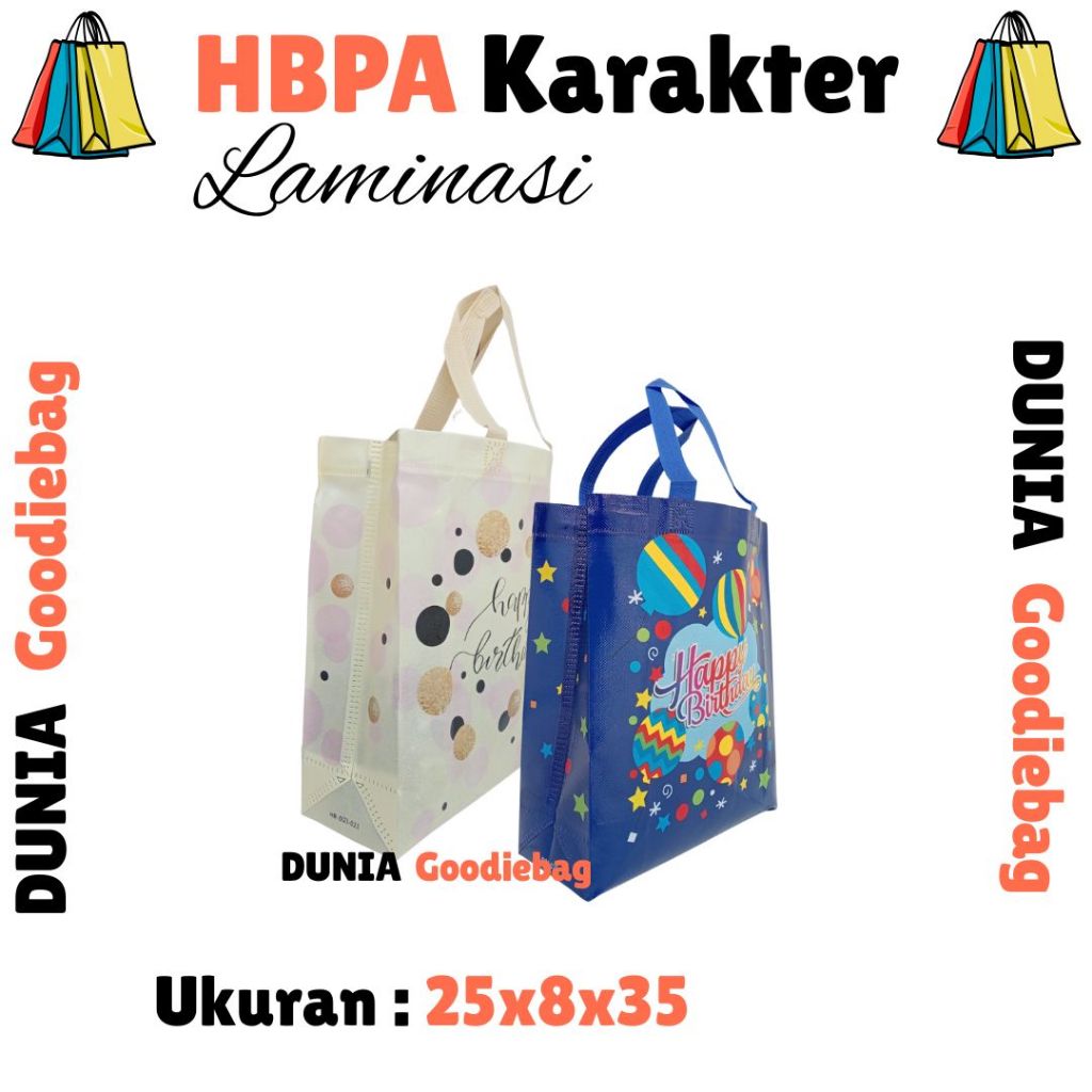 

Tas Karakter Ulang Tahun Ukuran 25x35x10 Isi 12pcs Tas Spundboond Laminasi,Tas Goodiebag,Tas Sovenir