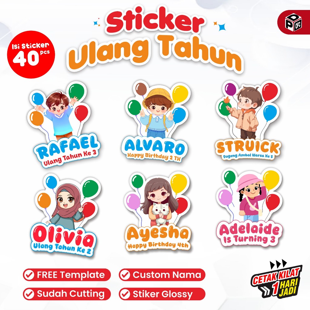 

(40 Pcs) Stiker Bentuk Kartun Ulang Tahun Anak Sticker Souvenir box Nama Ulang Tahun Murah | VOL 2