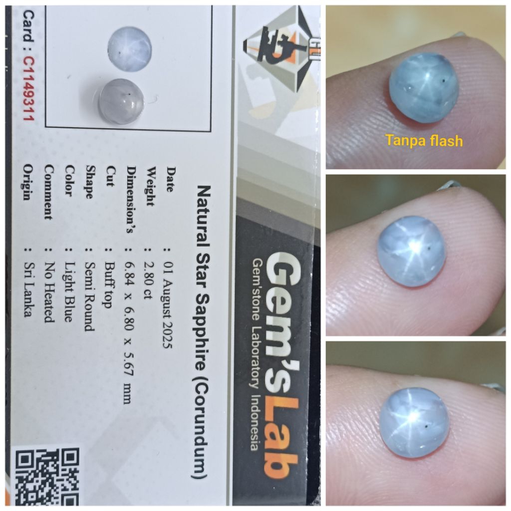 Natural Star Blue Sapphire Ceylon 2,8ct Memo GLI Safir Ster
