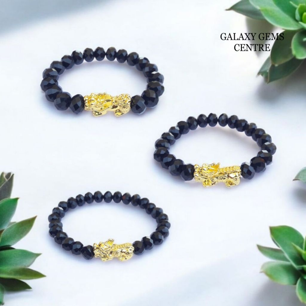 Gelang Kristal Hitam Dengan Pixiu Naga Emas Untuk Pria Wanita