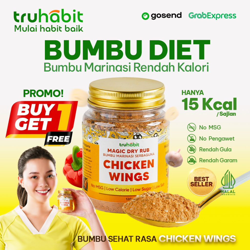 

(PROMO B1G1) - TRUHABIT, Dry Rub Chicken Wings | Bumbu Diet | Bumbu Instan | Dry Rub Bumbu Marinasi Ayam & Daging Diet | Bumbu Dapur Bubuk Lengkap Tanpa MSG & Pengawet | Rendah Kalori