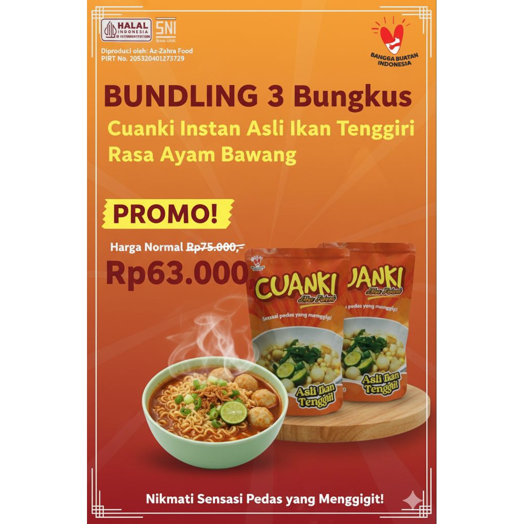 

BUNDLING 3 BUNGKUS CUANKI MIX PREMIUM DHE FAHMI | ASLI IKAN TENGGIRI | PEDAS | INSTAN | MURMER | MURAH | KHAS BANDUNG