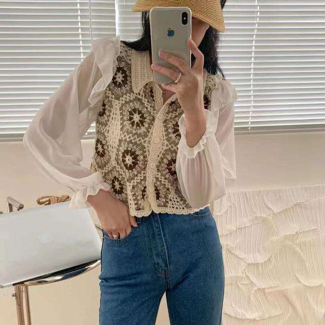 Rompi Rajut Crochet Lengan Panjang Kombinasi Chiffon Vintage Korea Elegan