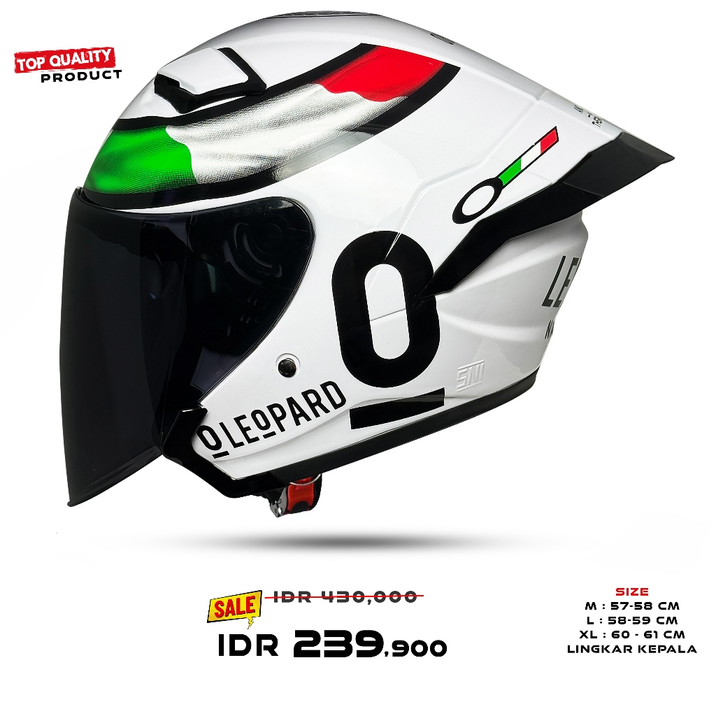 BESTPROMO HELM HALF FACE MLA COSMO LEOPARD PUTIH KACA HITAM HELM PREMIUM UNTUK PRIA DAN WANITA