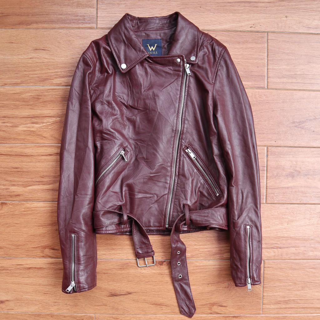 Jaket kulit asli M domba warna merah marun crop jaket ramones cewek wanita biker cropped rocker genu