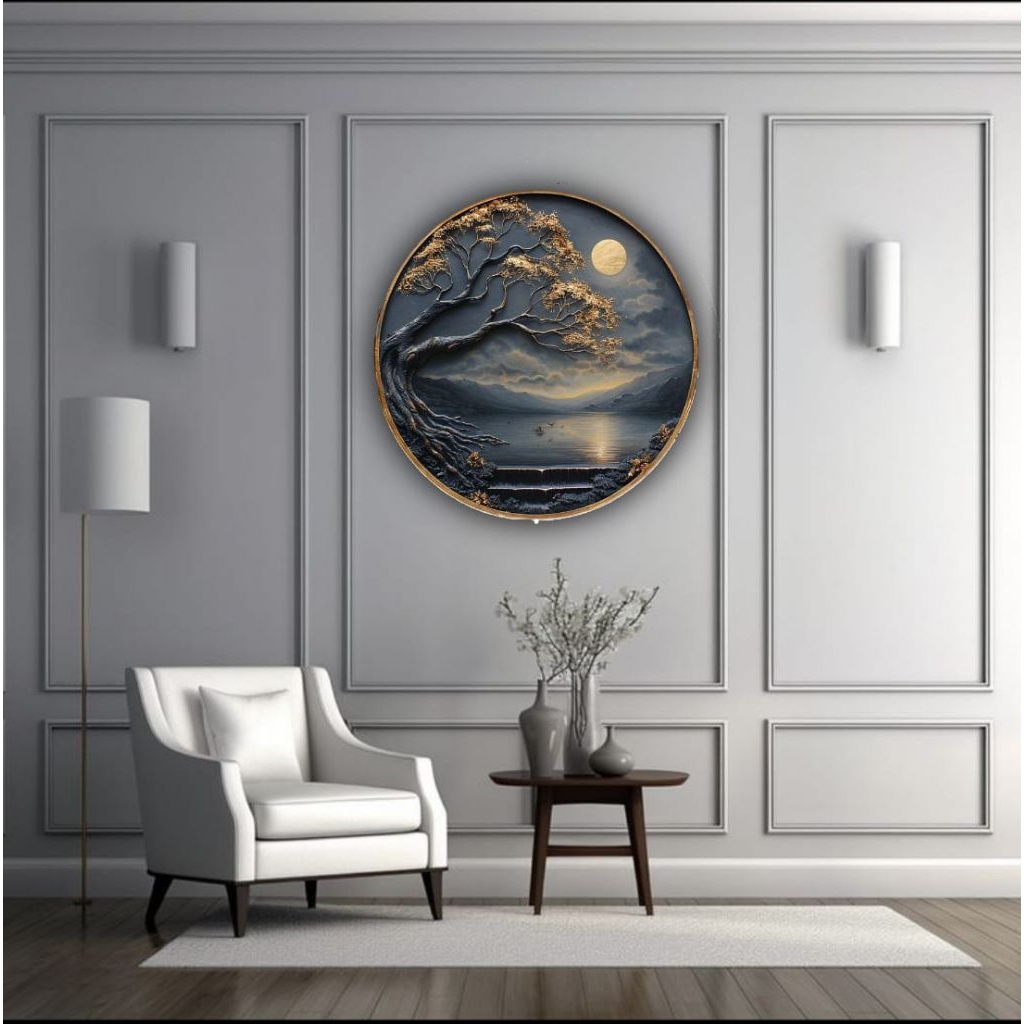 lukisan pohon pemandangan lukisan bulat nuansya jepang hendmede