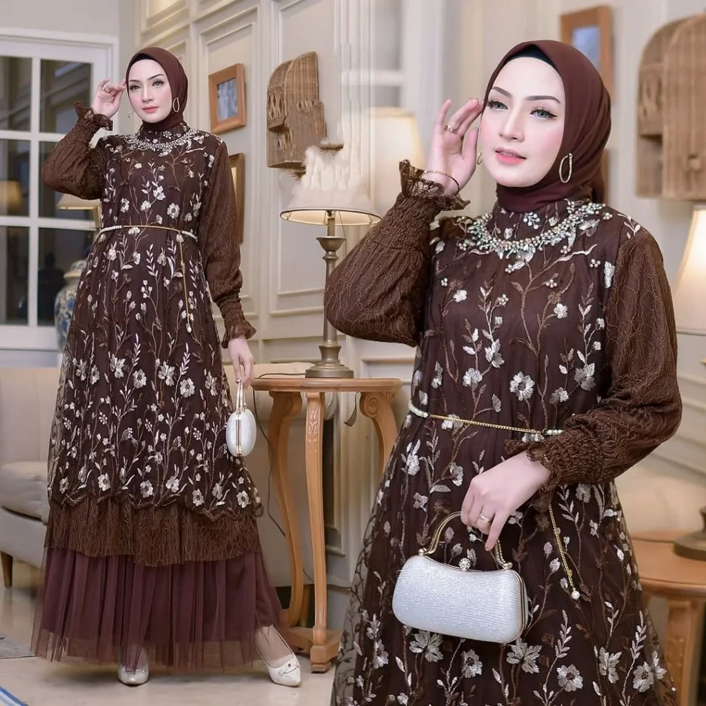 Aira Dress Kondangan Simple Elegan Gamis Brokat Tille Bordir Aplikasi Payet Mewah