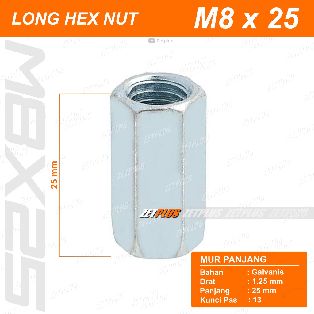 LONG NUT M8 x 25 drat 1.25 / Mur panjang 8mm (untuk baut 12)