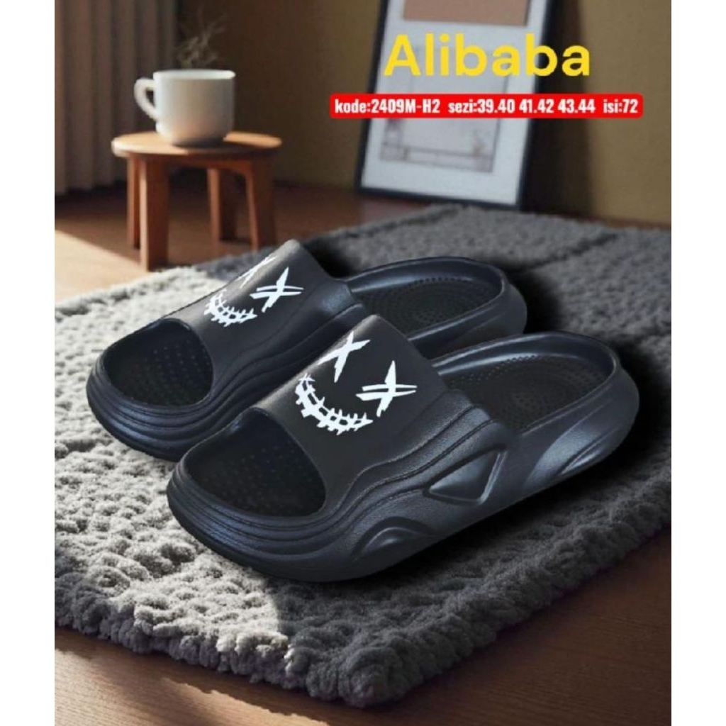 [GROSIR] Sandal Pria Alibaba 2409 M-H2 – Slide Tebal Motif Smiley – Ukuran 39–44