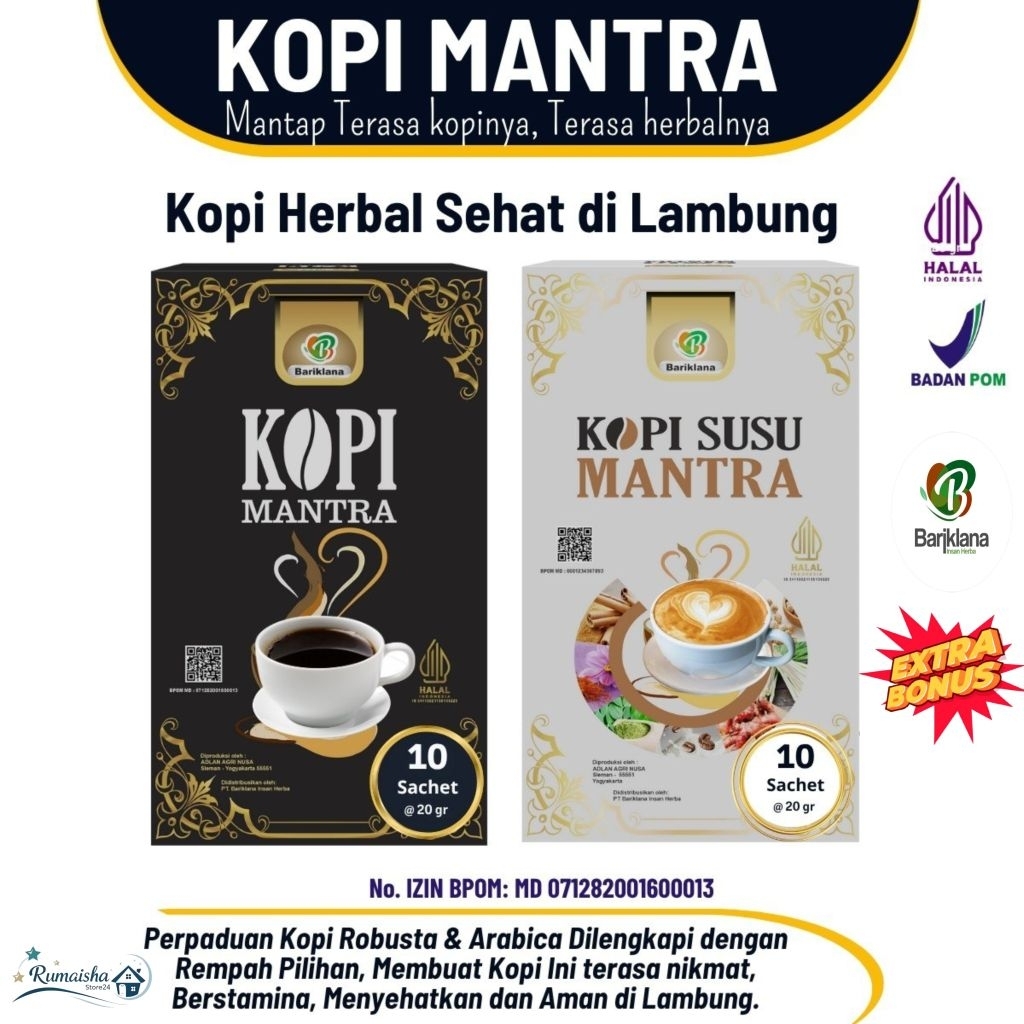 

KOPI MANTRA PLUS HERBAL UNTUK PRIA DAN WANITA Aman untuk lambung 1 box isi 10 sachet