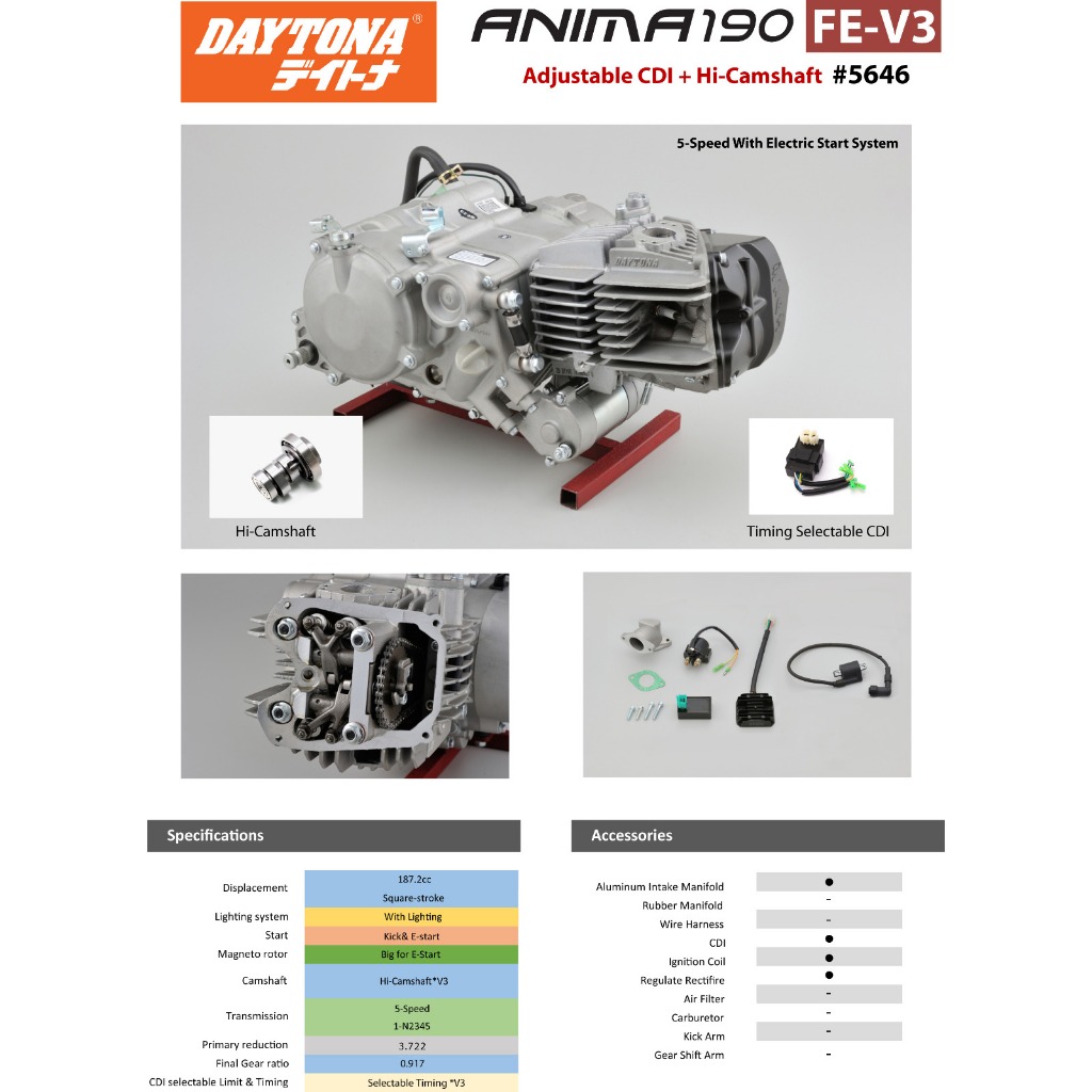#5646 Mesin Daytona Anima 190cc V3 Electric Starter Racing Engine 5 Speed, Hi-Cam, Selectable Timing