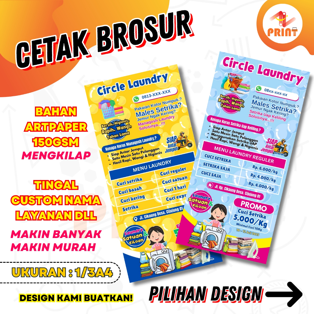 

CETAK BROSUR LAUNDRY UKURAN 1/3A4 TINGGAL CUSTOM BAHAN AP150GSM