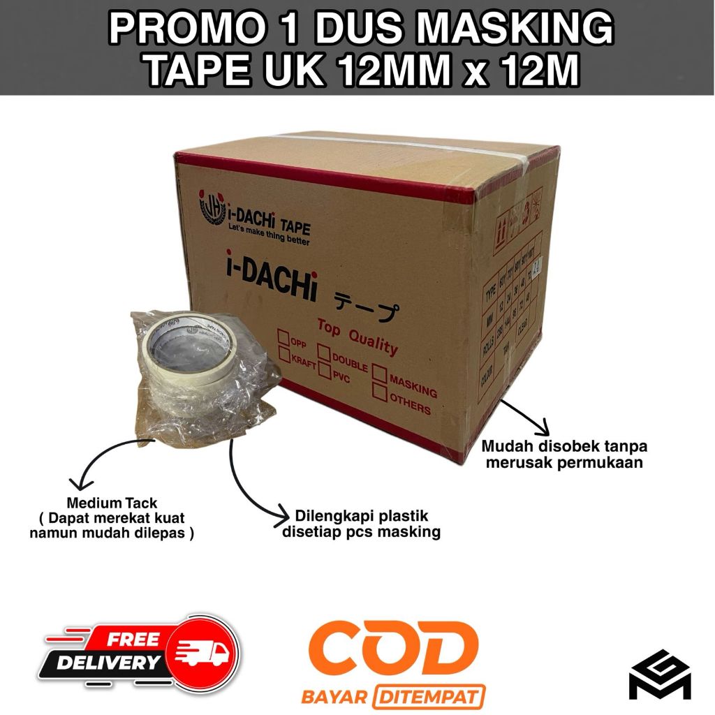 

Masking Tape 1 Dus Ukuran 12mm X 12M / Lakban Kertas / Isolasi Kertas