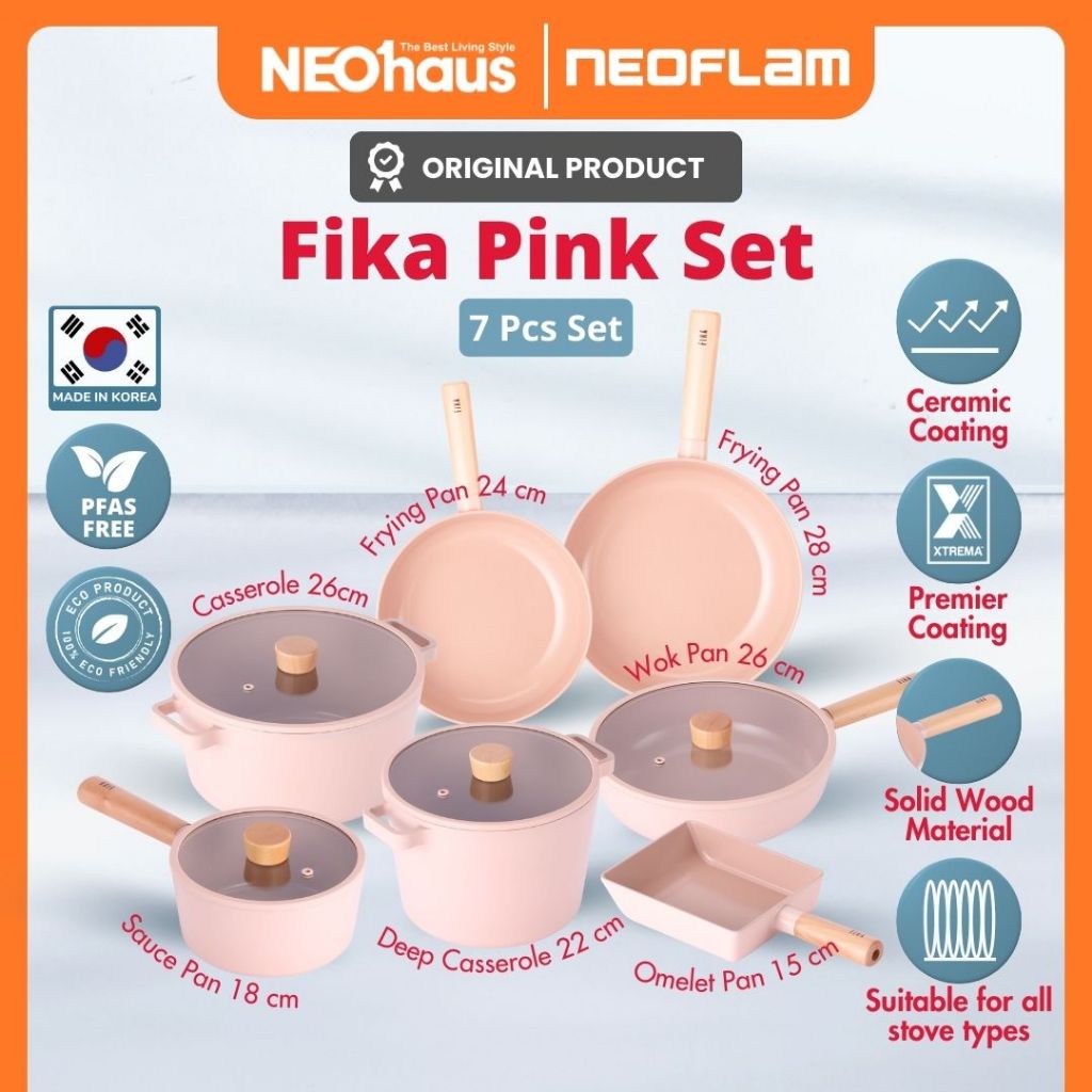 Neoflam Fika Pink - Panci Wajan Teflon Set Anti Gores & Ceramic Coating