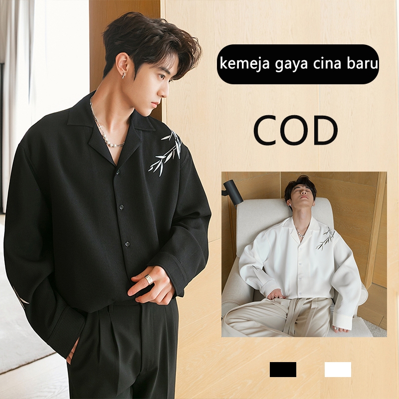 Kemeja pria korean style M-3XL oversize kemeja putih/hitam pria v neck kemeja oversize pria kemeja p