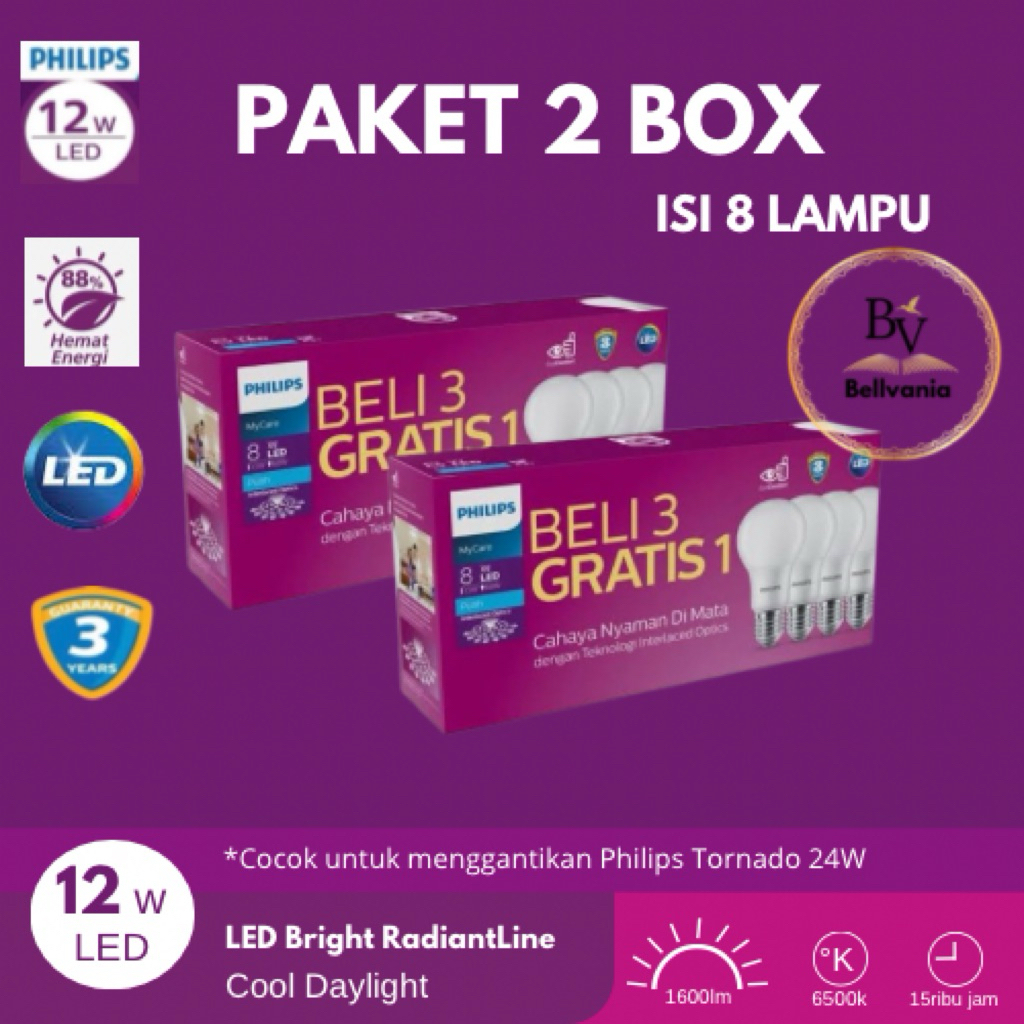Lampu Philips LED 12 Watt (Hemat 2 Box isi 8) Cool Day Light Multi Pack Eye Comfort Hemat Energi