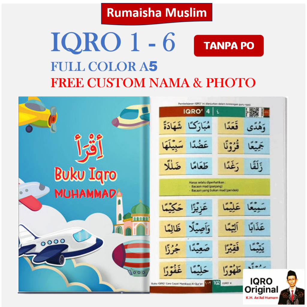 Iqro 1-6 Custom Nama dan Foto Eksklusif Full Warna Hard & soft cover Iqro / Iqro Anak Berwarna 1-6