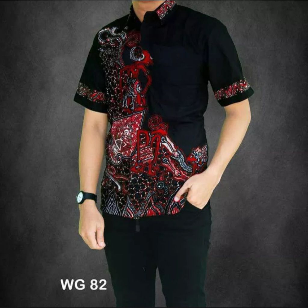 Kemeja batik pria modern/batik wayang Arjuna/kemeja hitam wayang gunungan