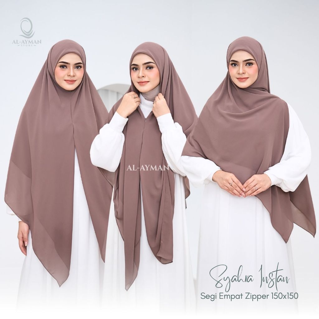 Segi Empat Instan Zipper Hijab Syari Resleting Premium Jumbo Ceruty Babydoll Syahra Instan 150x150cm