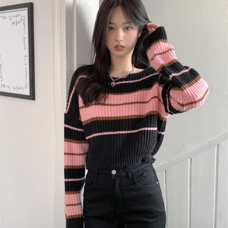KOUYOO Wanita Rajutan Atasan Sweater Crop Malas Leher Bulat Pullover Bergaris Merah Hijau