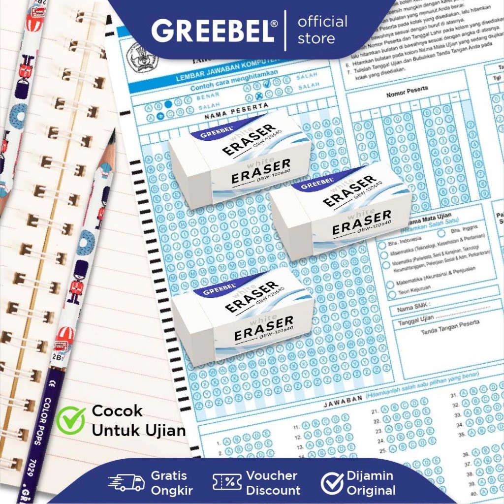 

BUNDLE 10 PCS Penghapus Pensil Greebel GBW White Hapusan Pencil 120640 120630 120620