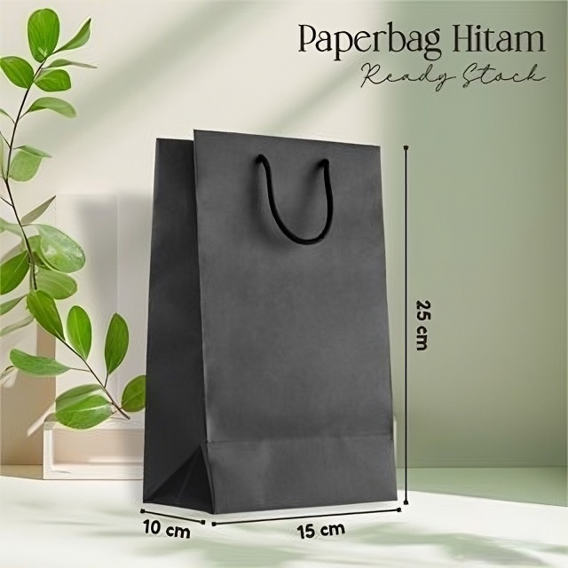 

(12 PCS) Paper Bag HITAM 15x25x10 cm - Tas kertas Goodie Bag Paperbag BLACK Murah Ready Stock