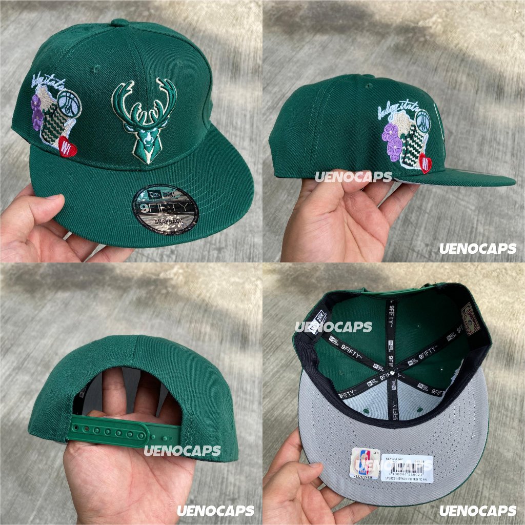 Topi Snapback Milwaukee Bucks Green Visor Grey NBA Unisex Katun Bordir Stelan