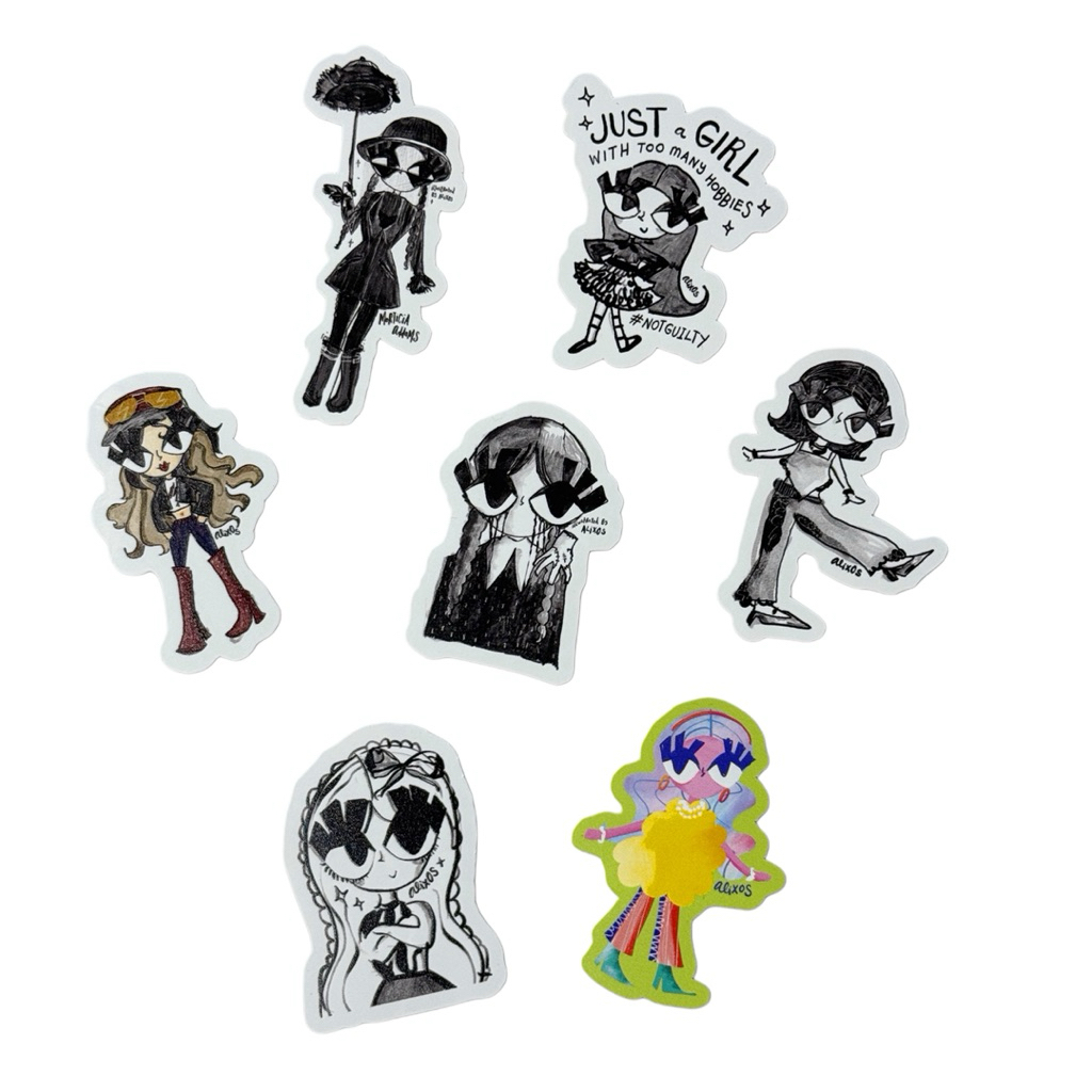 

UV Diecut Stickers by Alixos Cloe Black Tears Tish Girl with Hobbies Shortie