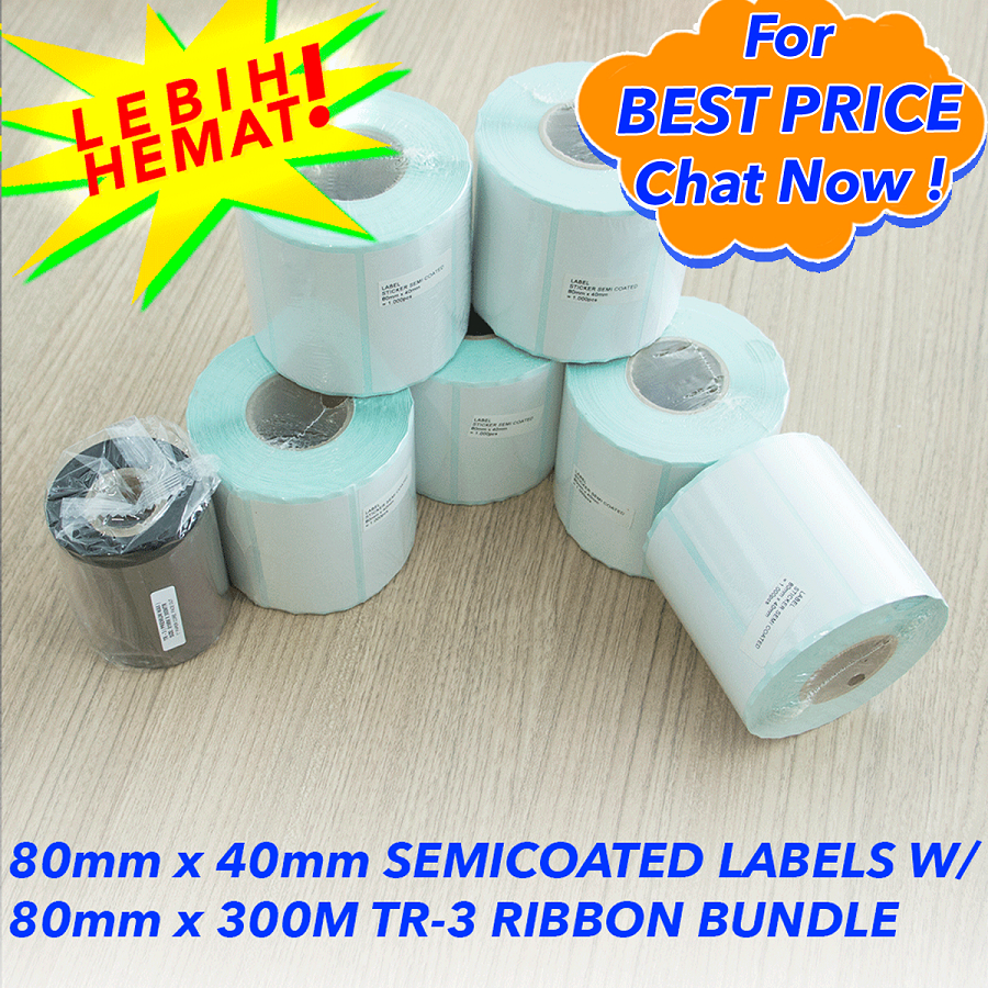 

Paket Label Sticker Semicoated Ukuran 80mm x 40mm dengan Ribbon Wax Premium