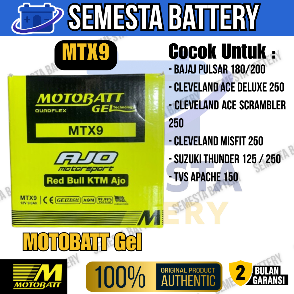 Aki Motor Motobatt MTX9 Gel Garansi 2 Bulan – Cocok untuk Bajaj Pulsar 180/200, Cleveland Ace Deluxe