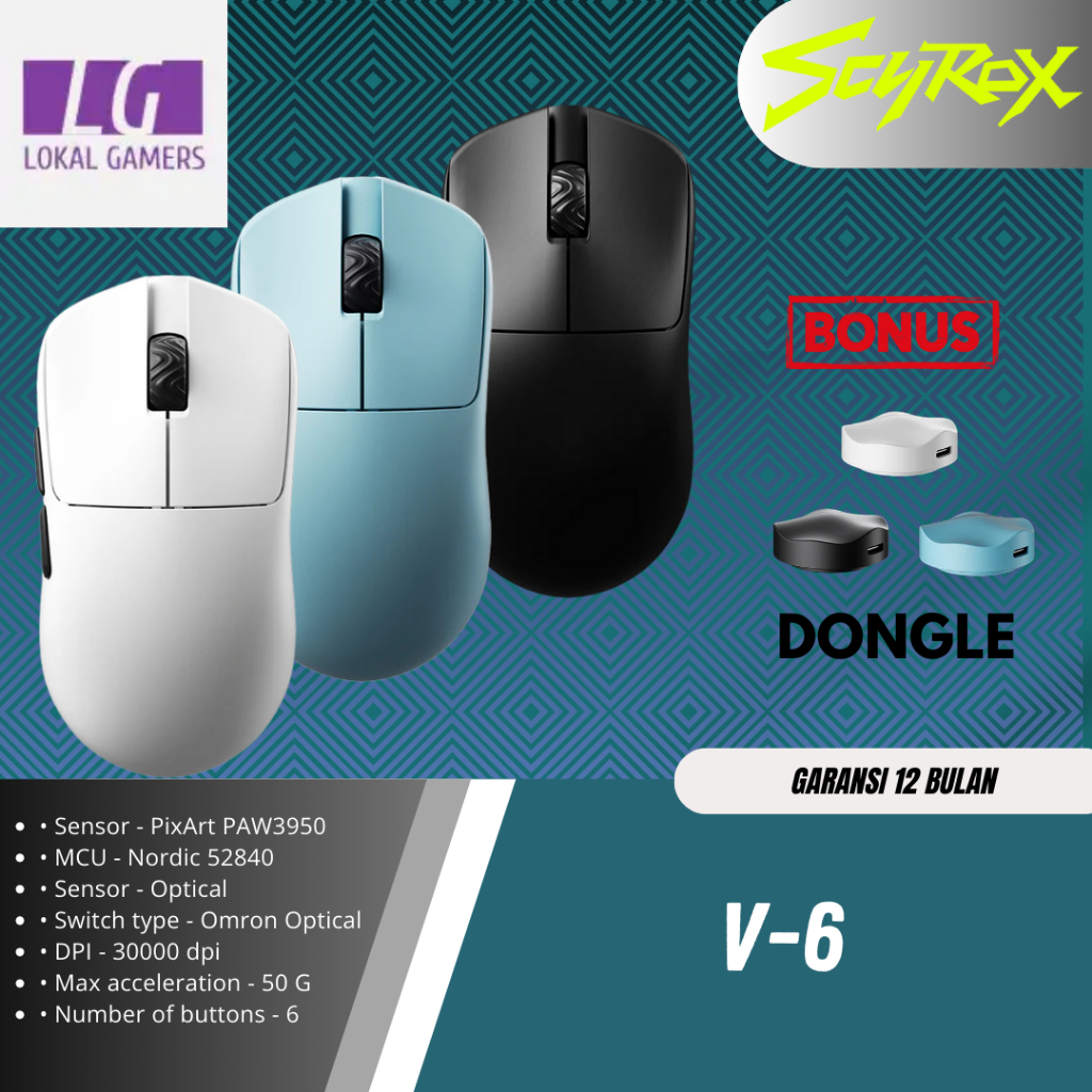 Scyrox V6 / V-6 Gaming Mouse Ultra Lightweight PAW-3950 8K Polling Rate - Hitam