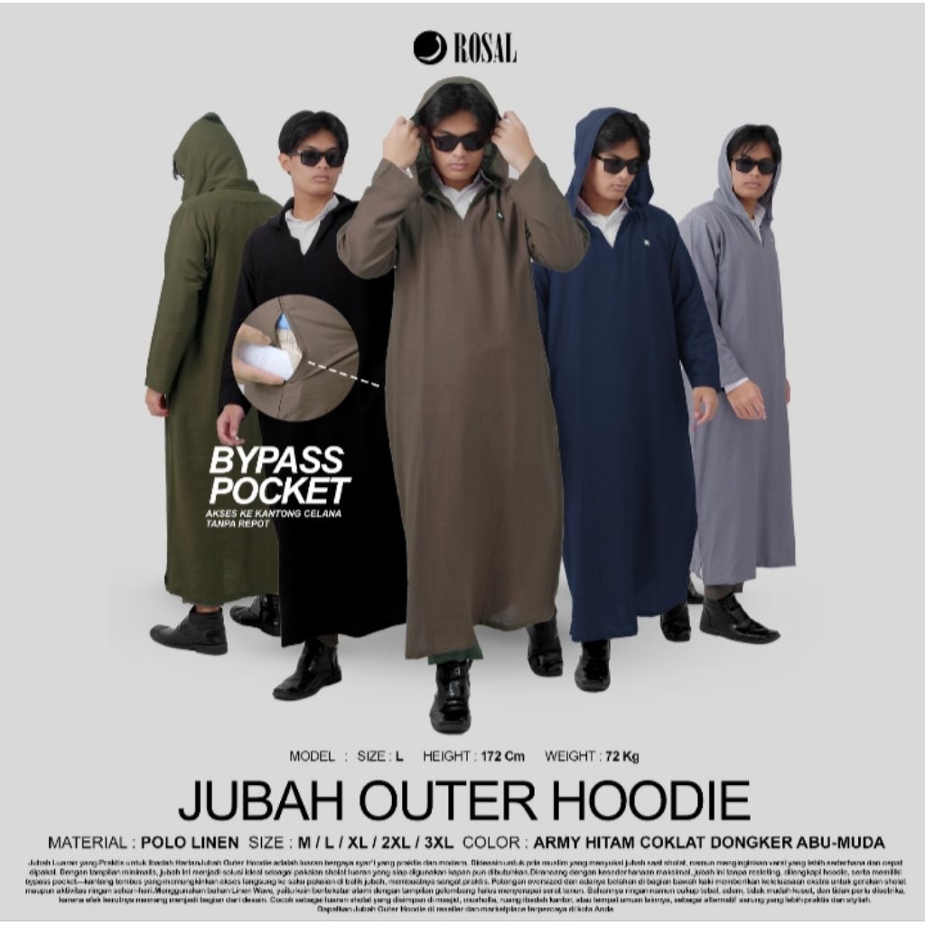 Jubah outer hoodie gamis sholat pria dewasa lengan panjang bahan linen wave
