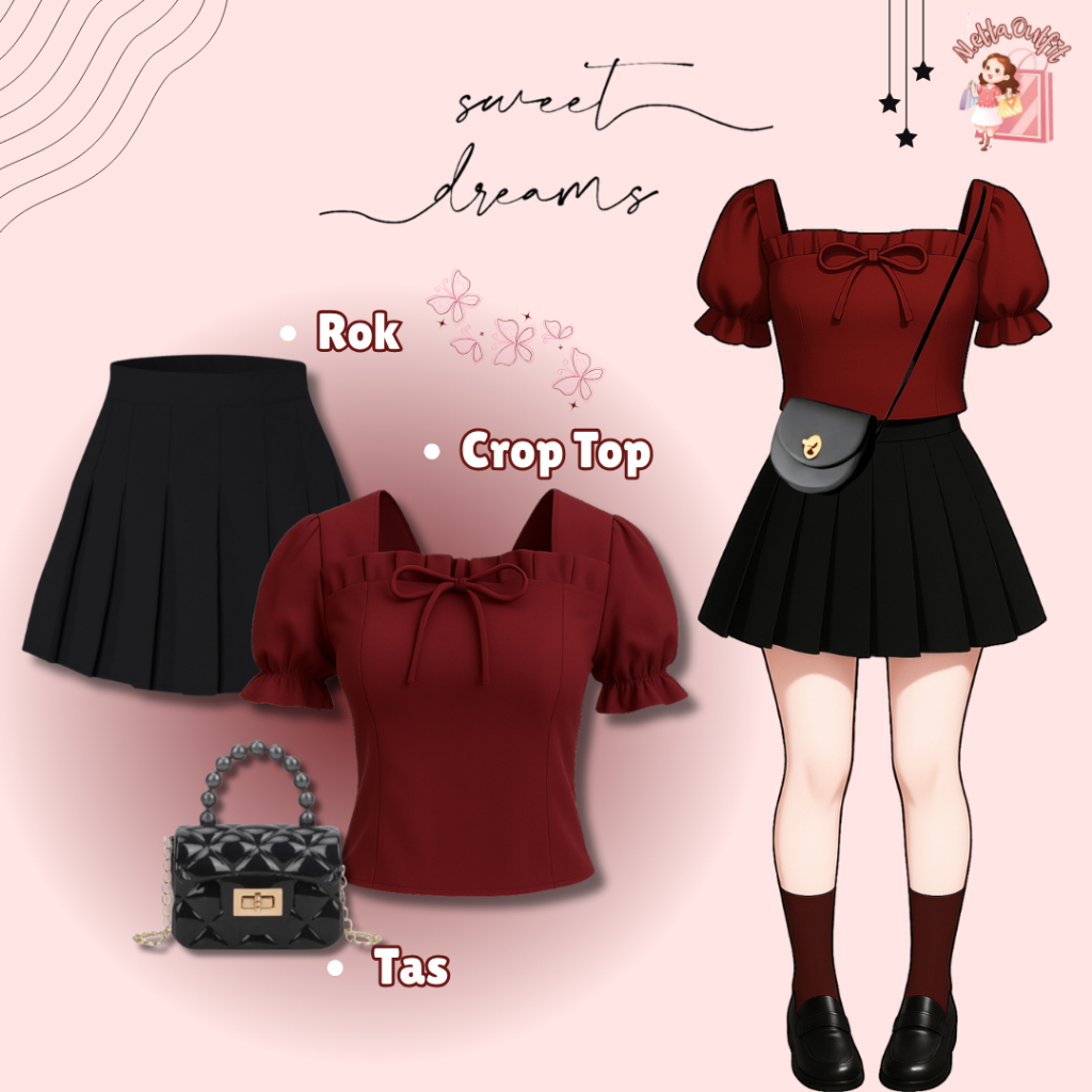 One Set 3in1 Crop Top Korean Style (Kiyora Top, Rok Pendek, Tas) Ootd KoreanLook Cewek Kekinian AO3K