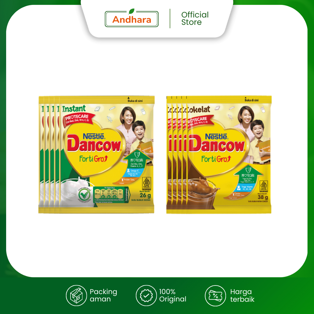 

Nestle Dancow Fortigro Protecare Sachet Isi 5 - Susu Bubuk Remaja 26gr & 38gr Usia 6 hingga 12 tahun - R0asa Cokelat/ Instant